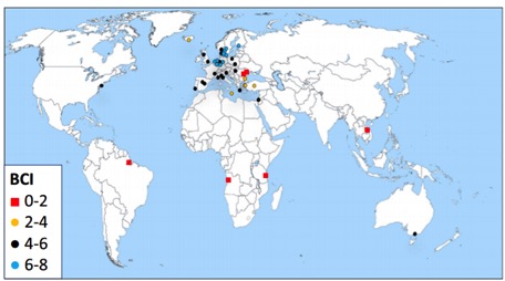 Blue City Index voor verschillende steden in de wereld.