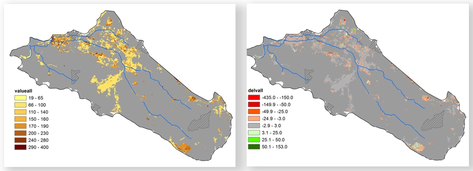 Fig. 1. Gesimuleerde potentiële natuurwaarden in het stroomgebied van de Baakse beek (270 km2, Gld) onder het huidige klimaat (links) en de natuurwaardeverandering in 2050 onder klimaatverandering (rechts).