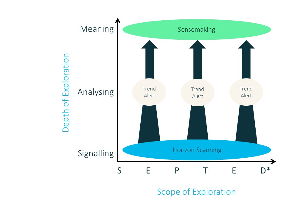 Toekomstverkenners van KWR verrichten de horizonscanning op systematische wijze, waarbij een continue analyse plaatsvindt die is gericht op zogeheten SEPTED*-dimensies. 