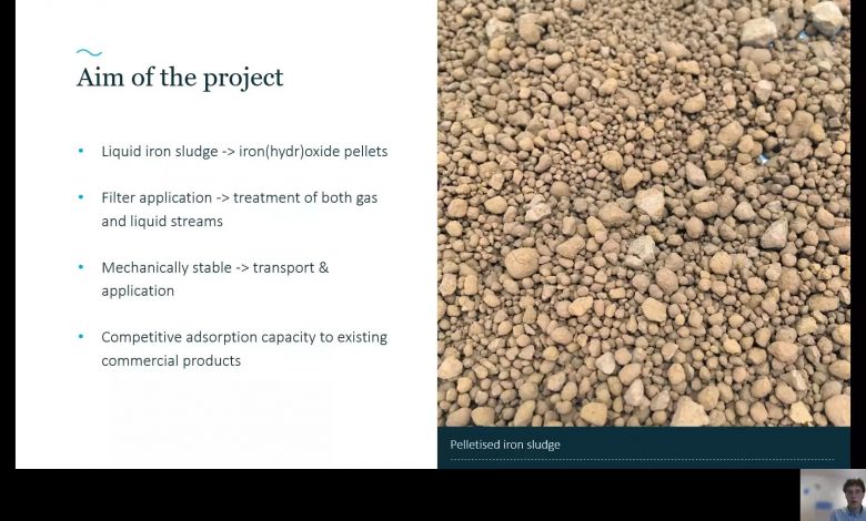 Screenshot during the (digital) presentation on the As2021 congress showing the pelletized iron sludge and the aim of the TKI Polishing Pellets project